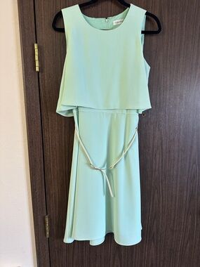Calvin Klein Mint Layered Dress with Thin Gold Belt